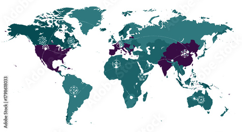 World map vector illustration, connections across continents with abstract geometric shapes and dark gradient landmass for presentations and infographic use