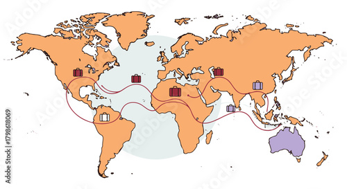 World map illustration with global business travel route, suitcases in multiple countries symbolizing international journey & tourism destinations