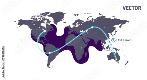 Fast travel vector illustration: World map, global business network and international tourism route connection for transportation company brand design