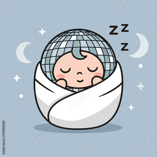 Cute baby sleeping inside a disco ball blanket, surrounded by stars and moons.