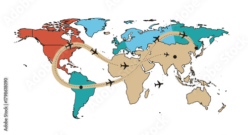 World map illustration with airplane route showcasing international travel and global tourism for vacation planning and business trip itineraries