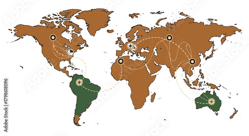 World map vector illustration with destination points and travel routes, global connection concept, brown and green continents on a white background