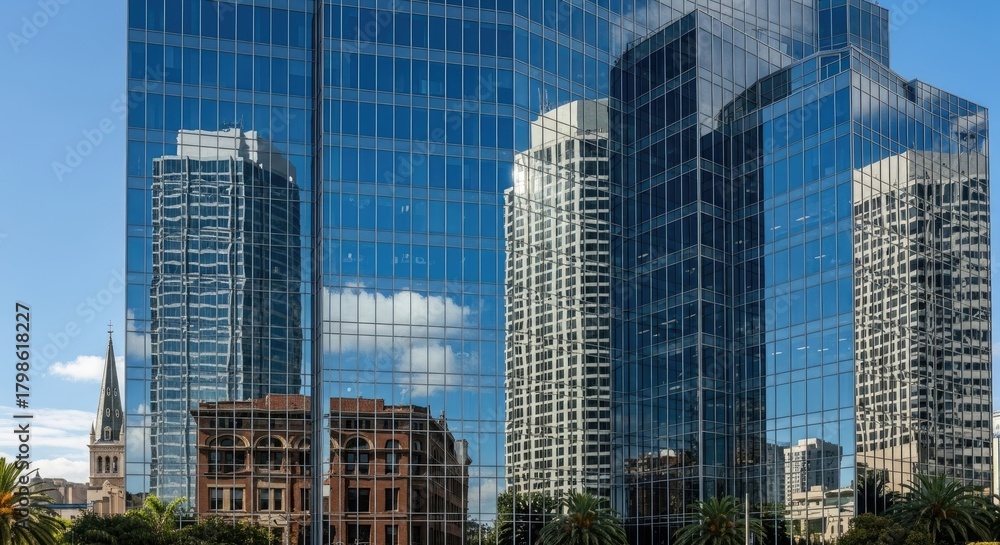 Fototapeta premium Modern Glass Skyscraper Facade Reflecting Cityscape and Historic Architecture