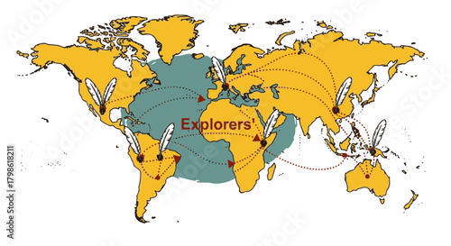 World explorers route map, illustration of historic exploration paths, vintage earth travel with dotted lines and feather symbols, vector art style