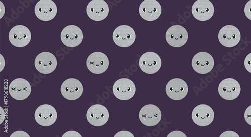 A seamless pattern of cute gray polka dots with kawaii faces on a dark purple background.