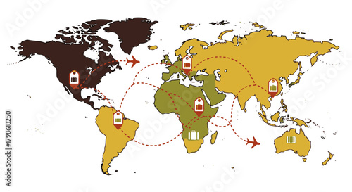 World travel map with luggage and airplane, international tourism route vector illustration, global business destinations and vacation journey planning