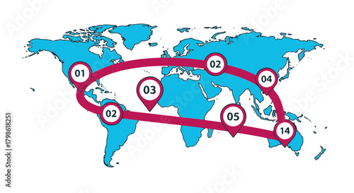World map infographic with numbered markers and global route illustration, showcasing worldwide network or travel itinerary, vector graphic