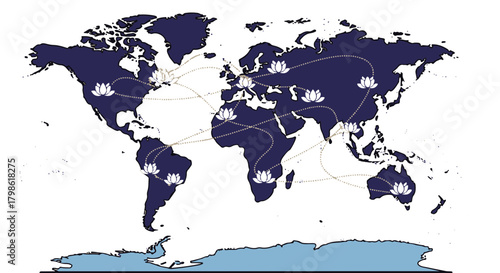 World map illustration showing global network connections with white lotus flowers and dotted lines symbolizing international relationships