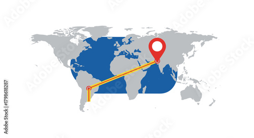 World map vector illustration with location pin and yellow route line for journey or travel concept design, global business and delivery process 
