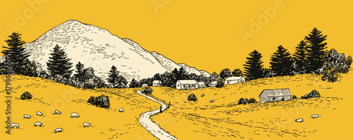 A yellow and brown drawing of a mountain and a road with a few houses in the distance