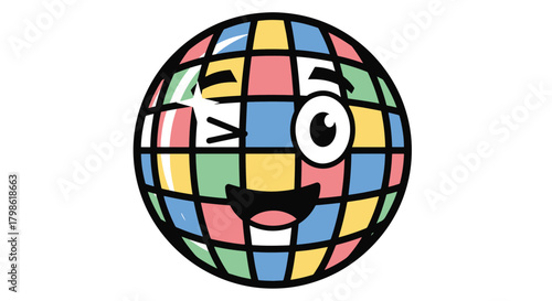 A cheerful winking cartoon disco ball with a colorful grid pattern and a happy face.