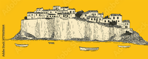 A yellow background with a drawing of a village with houses and boats. The houses are small and the boats are scattered around the water