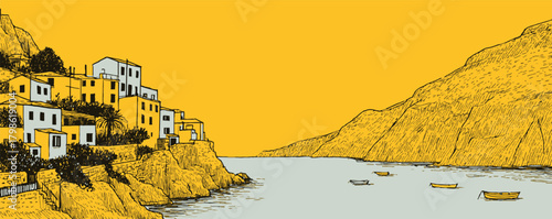 A yellow and orange background with a house and a mountain in the distance. The house is surrounded by trees and the mountain is covered in rocks