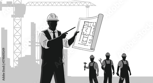 An architect in silhouette points to a blueprint, overseeing construction workers and a crane in a black and white illustration of a building site.