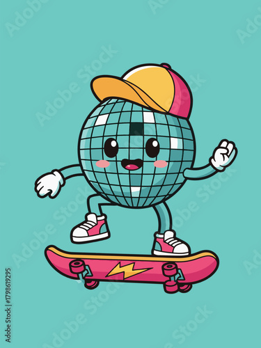A cute cartoon disco ball character wearing a baseball cap and riding a skateboard with a lightning bolt design.