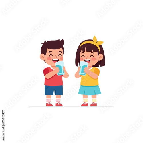 Cute cartoon illustration of a boy and a girl drinking water from glasses, healthy lifestyle concept, isolated on white background