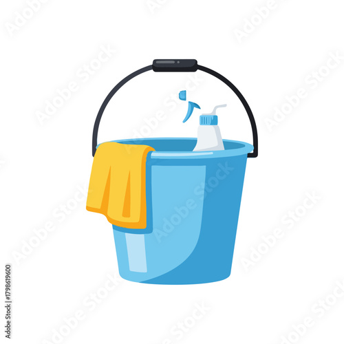 Cleaning bucket with spray bottle and yellow towel, illustration of household cleaning supplies, domestic hygiene tools, and maintenance equipment
