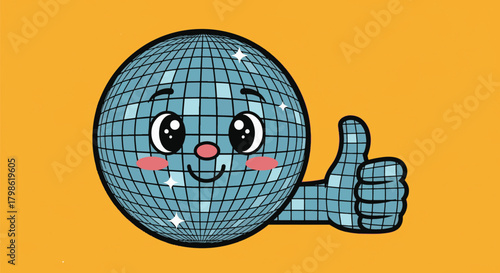 A cute cartoon disco ball character with a happy face gives a thumbs-up gesture on an orange background.