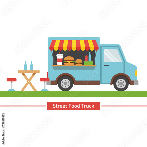 Vibrant street food truck illustration with colorful awning serving burgers and drinks next to outdoor seating area on green grass