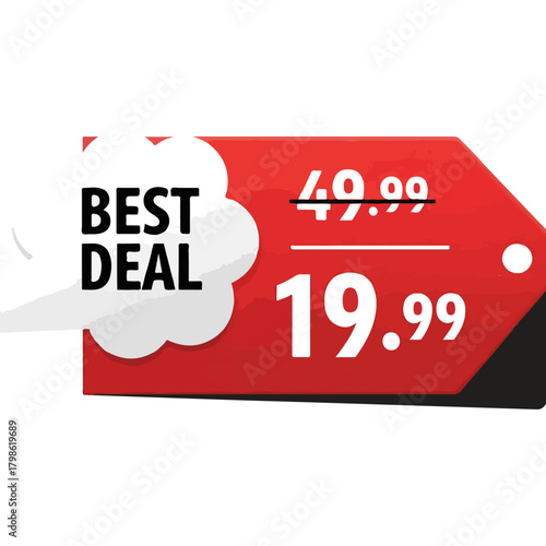 Best Deal Tag with Discounted Price 19.99 and Original Price 49.99 on Red Ribbon Shape