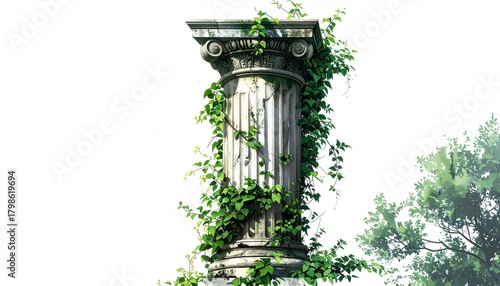 Ancient column with vines and green foliage.