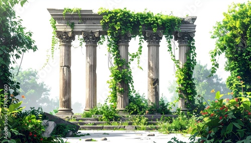Ancient pillars overgrown with lush foliage.