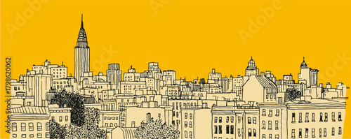 A city skyline with a yellow background. The buildings are drawn in black and white. The city appears to be bustling with activity