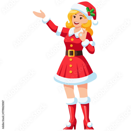 Charming Blonde Woman in Festive Santa Claus Costume with Holly and Berries Presenting a Gesture of Welcome