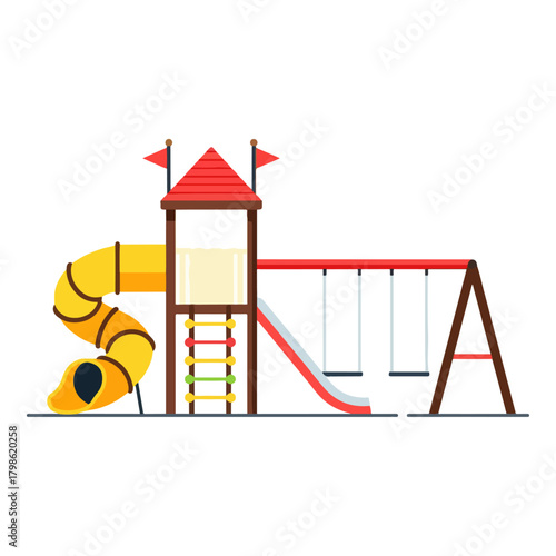 Colorful Outdoor Playground Equipment Featuring a Tube Slide, Ladder, and Swings Set on a White Background