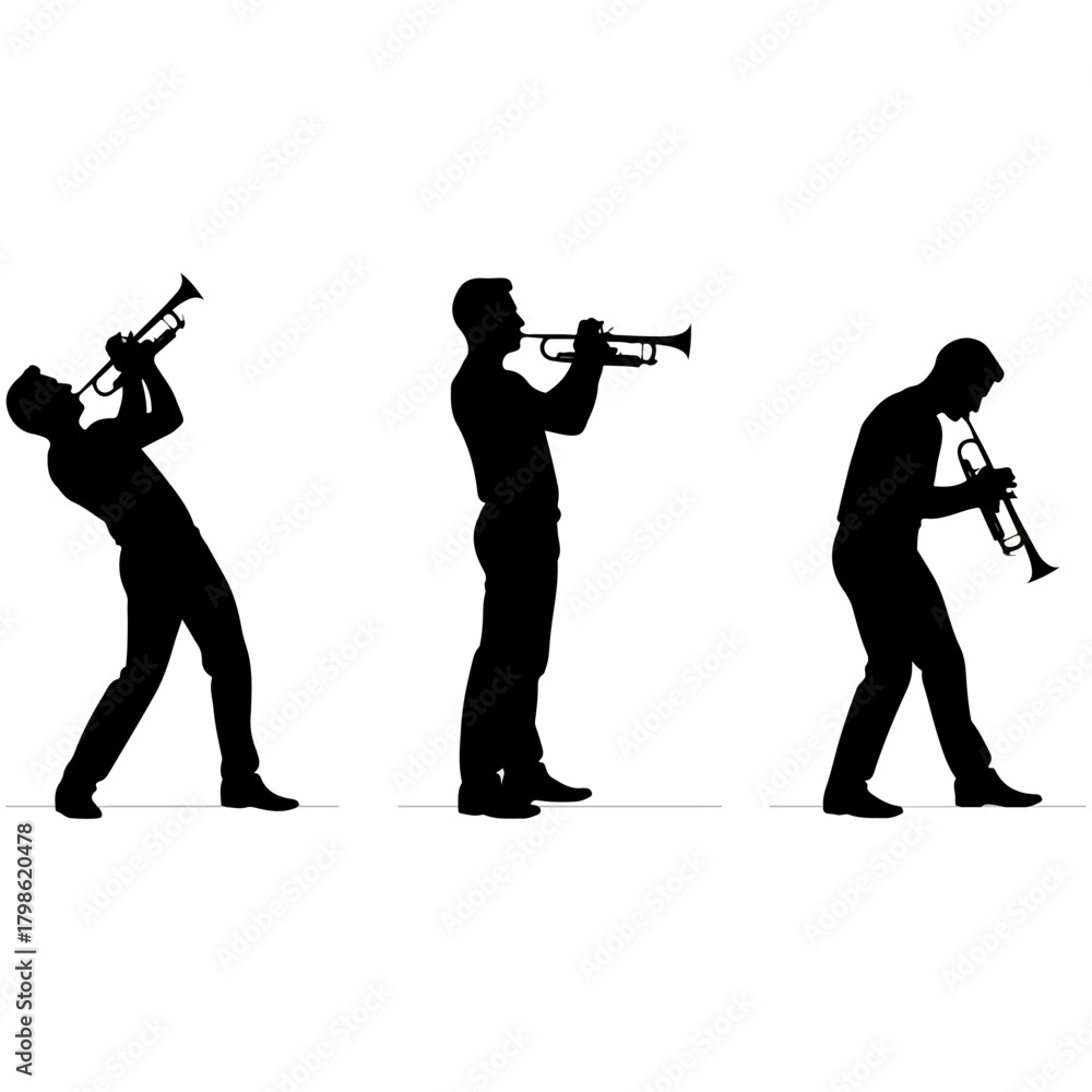 Obraz premium Silhouette of a Man Playing Trumpet with Dynamic Poses Three Musicians Performing Jazz Music Isolated on White Background