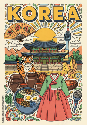 Vibrant Korea travel destination art showcasing Seoul tower, traditional architecture, bibimbap, hanbok, tiger and landmarks for tourism promotion