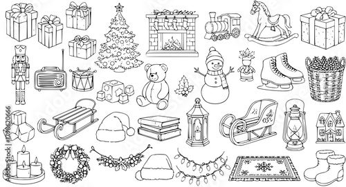 Detailed Line Art Christmas and Winter Holiday Objects Set. Festive Collection of Outline Elements Including Gifts, Tree, Snowman, Sleigh, Boots, and More.