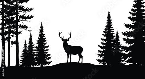 Deer silhouette in forest, wild nature landscape illustration, pine trees and wildlife scenery, outdoor wilderness scene, forest animal vector, natural adventure background