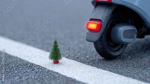 Fototapeta Naklejka Na Ścianę i Meble -  Miniature Christmas tree on asphalt road near electric scooter rear wheel with glowing red light in cold atmosphere