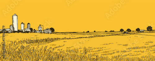 A yellow and orange background with a city in the distance. The city is surrounded by a large field of grass