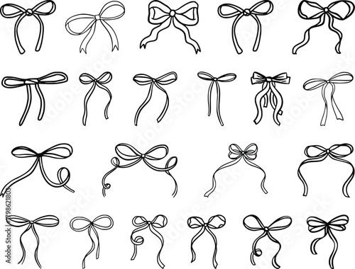  Whimsical bow. Doodle ribbon tied bows for wedding and birthday invitation, Valentines card in vintage coquette style. Romantic retro sketch elements. Vector isolated set