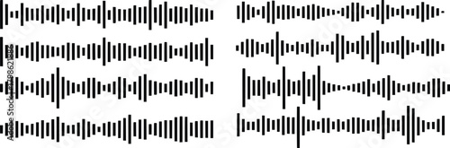 Podcast sound waves. Audio waveforms line icons, sound wave frequency or voice microphone signals. Music, podcast and broadcast, UI and audio branding design. Isolated vector set.