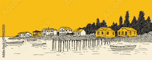 The image is a drawing of a small town with houses and a pier. The town appears to be peaceful and quiet, with a calm waterway running through it