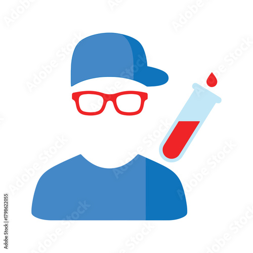 Vector illustration of scientist or lab technician with glasses and blood sample