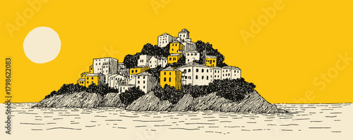 A yellow and black drawing of a small island with a sun in the background. The drawing has a peaceful and serene mood