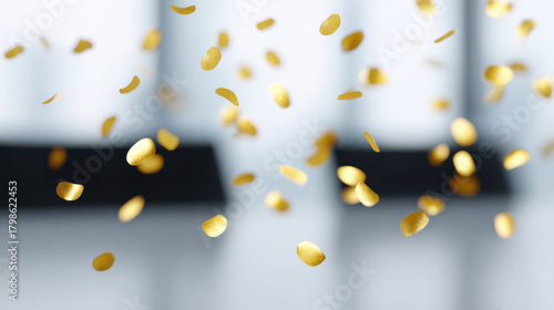 Golden confetti floating in bright office space creating festive and joyful atmosphere with blurred background
