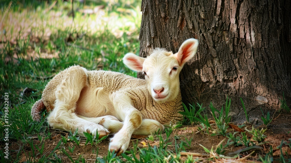 Obraz premium Young Lamb Resting Near Tree in Green Grass Calm Pastoral Scene