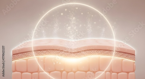 Cross section of healthy skin layers with glowing light and particles