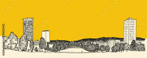 A cityscape with tall buildings and a yellow sky. The buildings are in the background and the sky is in the foreground