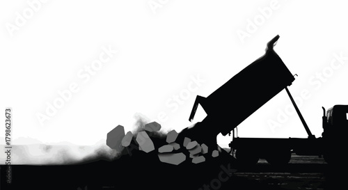 A silhouette of a dump truck unloading rocks against a bright white sky, depicting construction and heavy machinery operations.