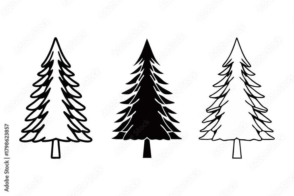Obraz premium Realistic Evergreen Tree Silhouette Set – Detailed Forest Landscape Illustration.