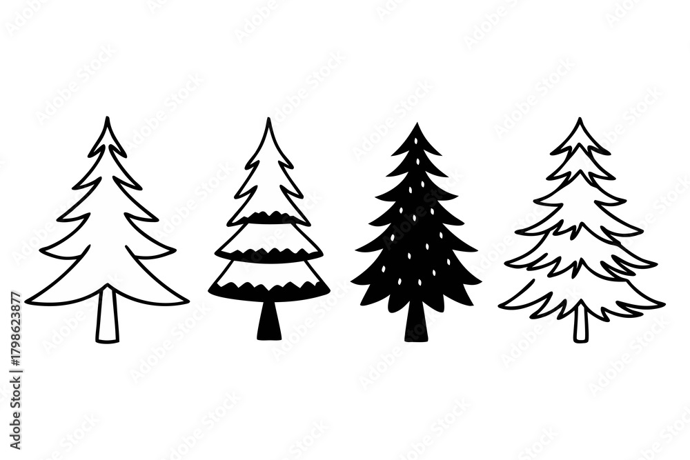 Obraz premium Minimal Pine Tree Icon Set – Simple Evergreen Outline & Solid Vector Collection.