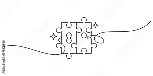 Continuous line art of four interconnected puzzle pieces together