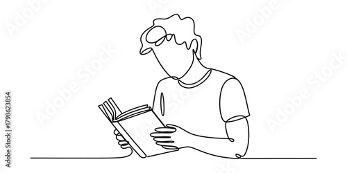 Minimalist continuous line art of a person reading a book calmly