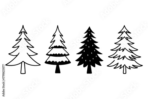 Minimal Pine Tree Icon Set – Simple Evergreen Outline & Solid Vector Collection.